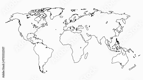Detailed outline map of the world showcasing continents and islands in black and white illustration style