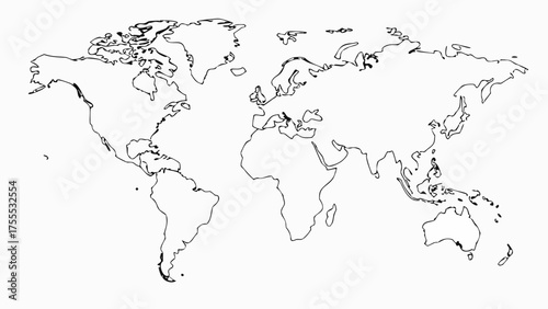 A simple outline of the world map showing continents and islands in black and white illustration style