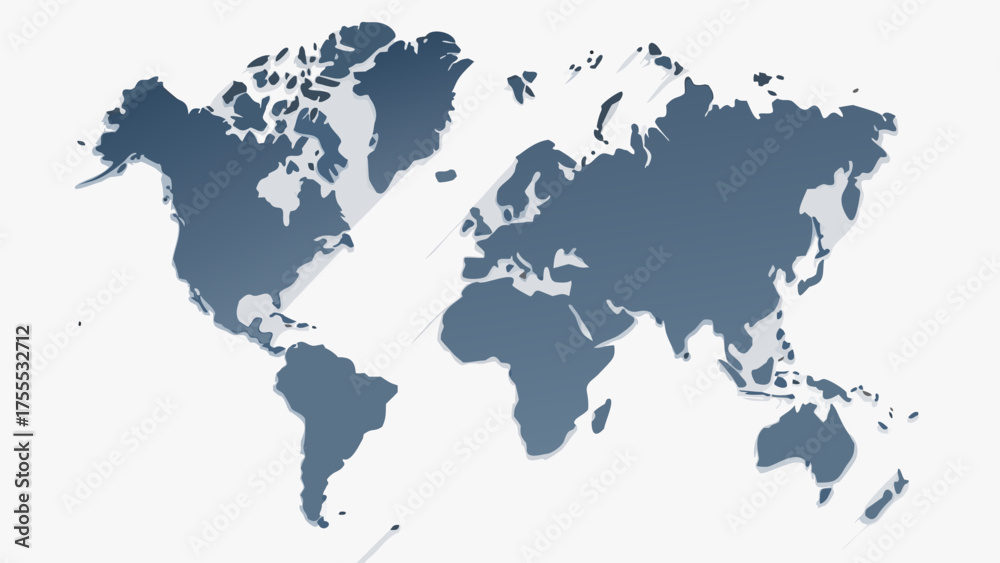 Obraz premium World map in blue gray with long shadows showing continents and oceans on a white background design