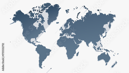 World map in blue gray with long shadows showing continents and oceans on a white background design