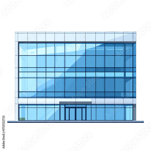 Blue Glass Modern Office Building Exterior with Geometric Lines and Shadow Accents Architecture in Flat Style with Reflected Sky