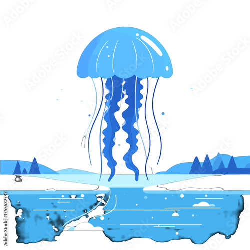 Stylized Blue Jellyfish Illustration in Flat Landscape With Reflections and Geometric Tree Silhouettes on a Sunny Day
