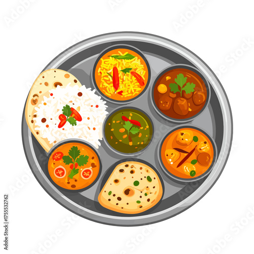 Pixel Art Style Illustration of Indian Thali with Assorted Dishes on Round Metal Plate Overhead View