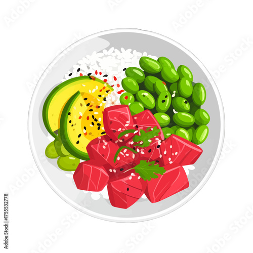 Overhead View of Fresh Poke Bowl with Tuna Avocado Edamame and Rice on White Plate Food Still Life