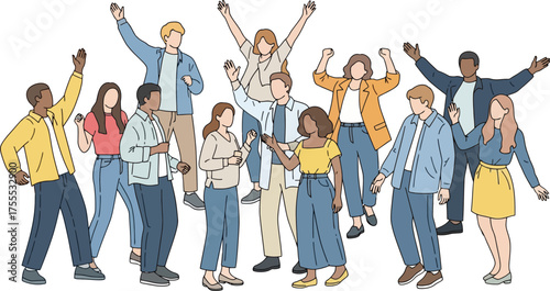 radiant faces, diverse voices, celebrating triumph with infectious, vibrant energy