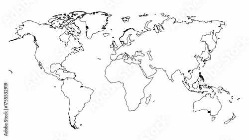 A simple world map outline showing continents and major landmasses in a minimalist black and white style