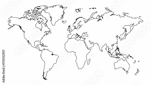 Detailed outline of the world map showing continents and islands in black and white minimalist style
