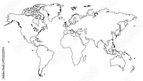 World map outline showing continents and coastlines in a minimalist black and white graphic illustration style