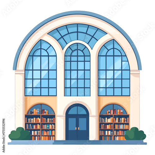 Illustration of a Three Story Beige Library Building with Tall Arched Windows and Bookshelves in the Arches on a White Background