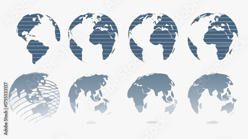 Eight world globe icons displaying different continents and perspectives in a simple graphic design style