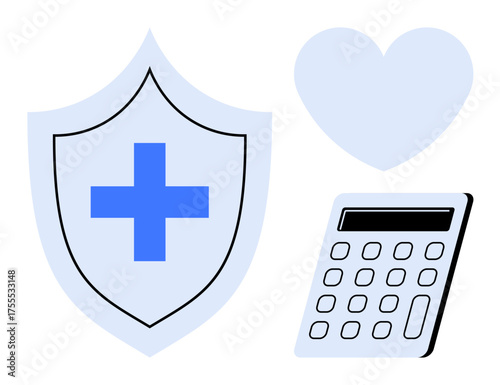 Shield with cross, heart, and calculator symbolize health insurance, care, planning, and cost management. Ideal for healthcare, safety finance calculation wellness risk prevention. Simple flat