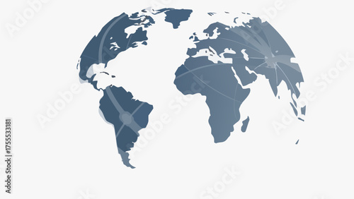 Stylized world globe with continents and network lines in shades of blue and white on a light background