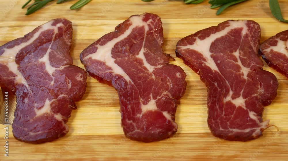 custom made wallpaper toronto digitalThinly sliced cured meat pieces on a wooden board. Concept of nutritious and delicious meat dishes, protein-rich diet, and traditional cuisine