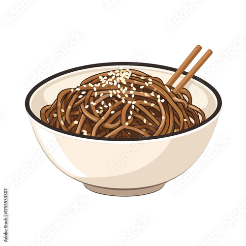 Pixel Art Bowl of Brown Noodles with Sesame Seeds and Chopsticks on White Background