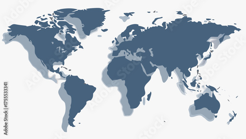 World map illustration showing continents in blue with shadows on a white background design element
