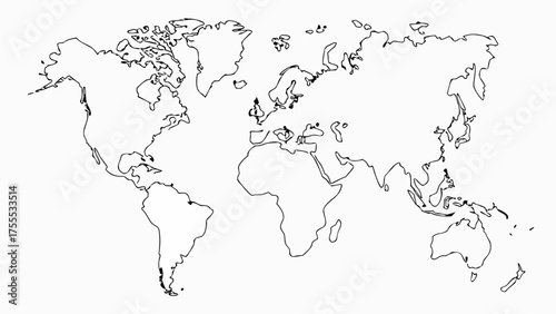 Simple black outline of the world map showing continents and major landmasses on a white background