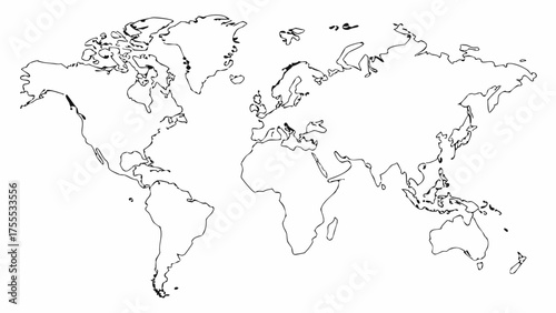 Outline map of the world showing continents and islands in black on a white background with no fill color