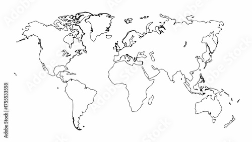 Outlined world map illustration showing continents and landmasses in a simplistic black and white style
