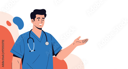 A male healthcare professional in blue scrubs with a stethoscope around his neck is gesturing.