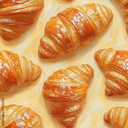 Croissant seamless pattern with realistic texture on beige background.