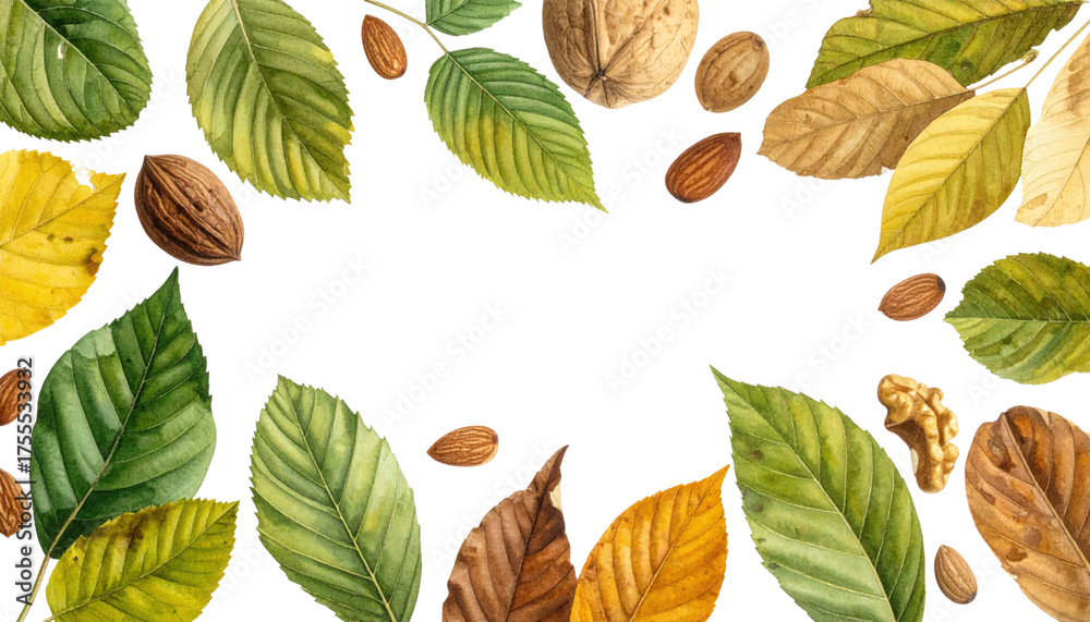 Fototapeta premium A collection of various leaves and nuts arranged on a black background, showcasing autumn colors and textures.
