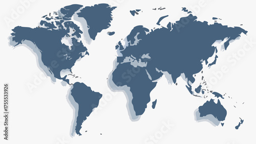 Detailed world map illustration with shadow effect showcasing continents and landmasses in blue color