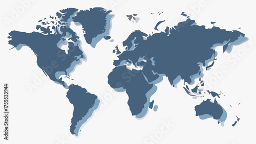 A simplified world map illustration with a blue color scheme and a subtle drop shadow effect shown