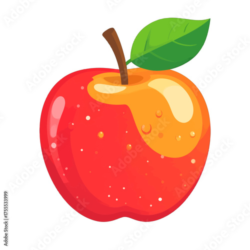 Shiny Red Apple with Green Leaf and Water Droplets Illustration on White Background