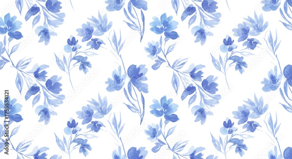 Obraz premium Delicate blue watercolor floral pattern evokes serene elegance, perfect for creating a calming and beautiful atmosphere in any design project, bringing natural beauty to life.