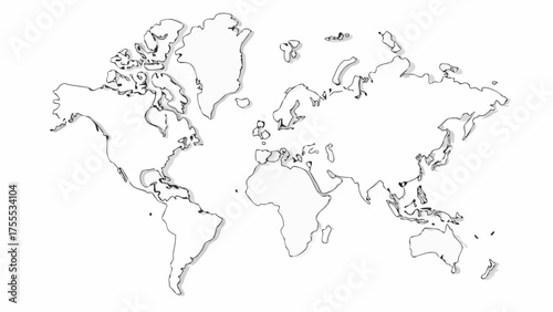Detailed line drawing of the world map showcasing continents and islands on a white background design