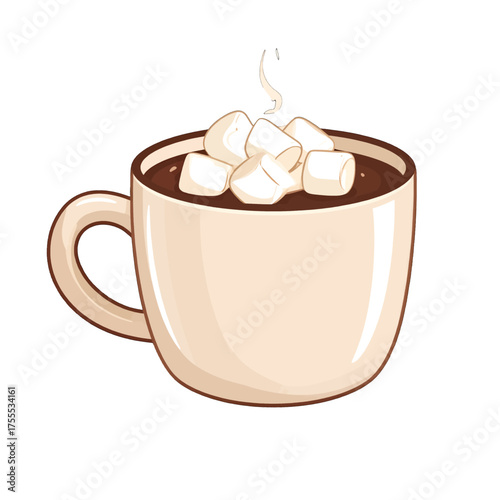Pixel Art Illustration of Steaming Hot Chocolate with Marshmallows in Beige Mug on White Background for Winter Warmth and Comfort