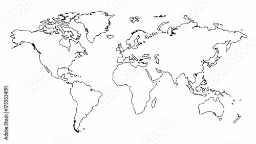 A simple world map outline showing continents and major landmasses in black on a white background view