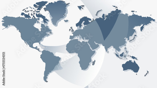 A stylized world map with a light gray color scheme and subtle shading effects on a white background
