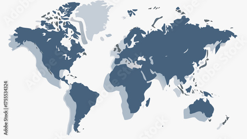 World map illustration with blue continents and light gray shadows on a white background art