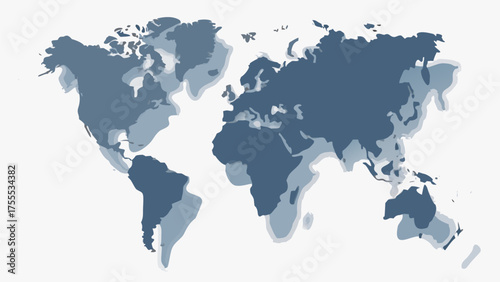 A stylized world map illustration with layered continents in shades of blue on a white background