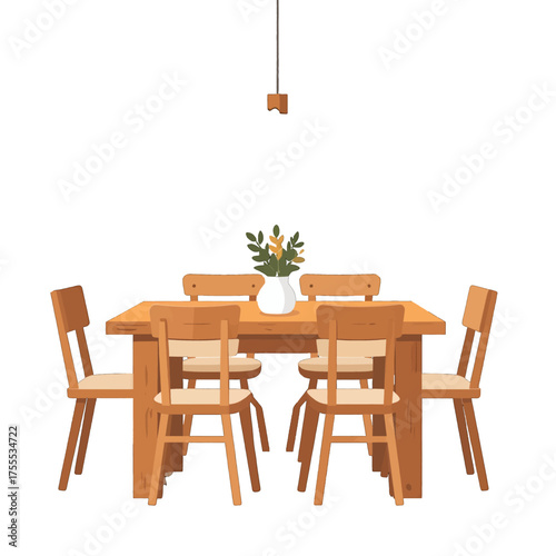 Dining Room Illustration with Wooden Table and Six Chairs under a Hanging Light Fixture on Plain White Background