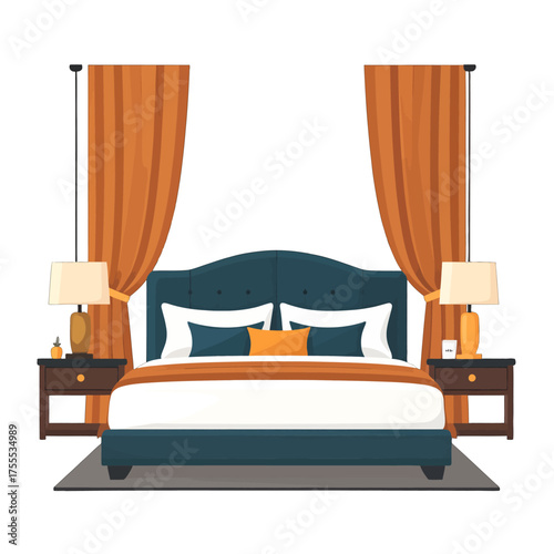 Cozy Bedroom Interior Featuring a Blue Bedframe Orange Curtains and Warm Lamps Pixel Art Style