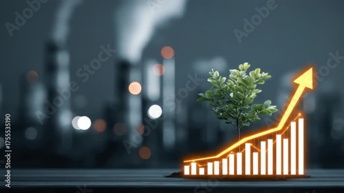 An industrial background with factory smoke and glowing growth charts, next to a small green plant. Environmental pollution, sustainable business development.Environmental responsibility, clean energy