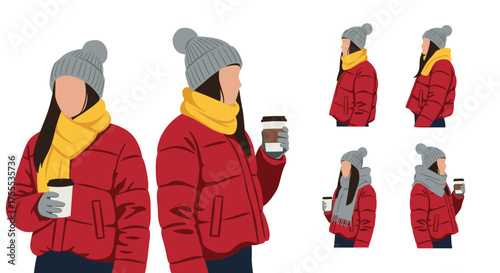 Group of people in winter clothing holding coffee cups in various poses.