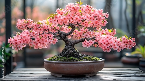 Pink cherry blossom bonsai tree in a terracotta pot.