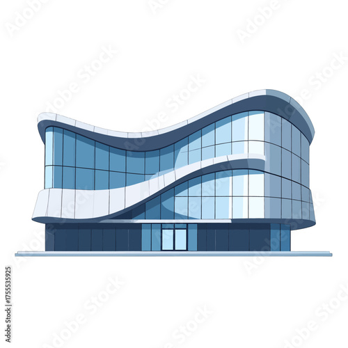 Abstract Futuristic Architecture Blue Glass Building Pixelated Design with Curving White Elements in Isolated White Background for Creative Stock