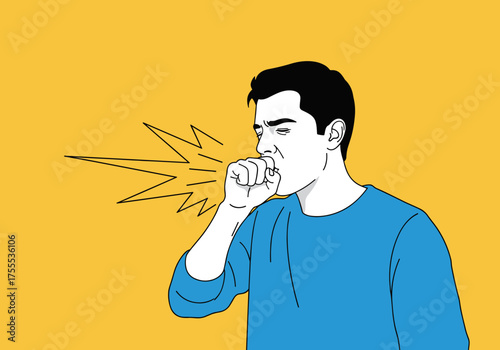 A man is coughing into his hand with a yellow background and stylized lines representing the sound of the cough.