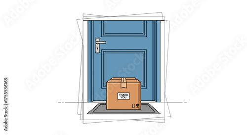Cardboard box placed at the doorstep in front of a blue door, representing delivery and shipping