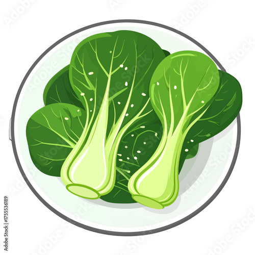 Top Down Still Life of Green Bok Choy on a White Plate with Pixel Art Style