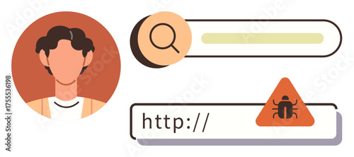 Person with search bar and URL infected with bug alert icon, illustrating internet safety, cybersecurity, online search, risk avoidance, malware detection, digital awareness, simple flat metaphor