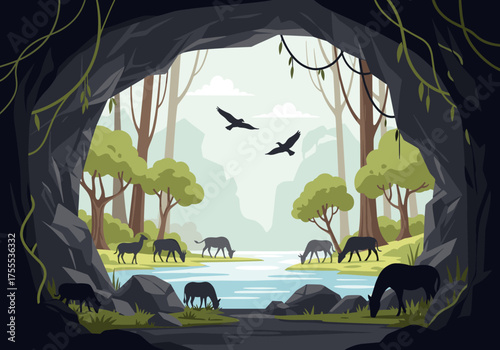 A serene forest landscape viewed from a cave entrance with animals grazing by a stream.