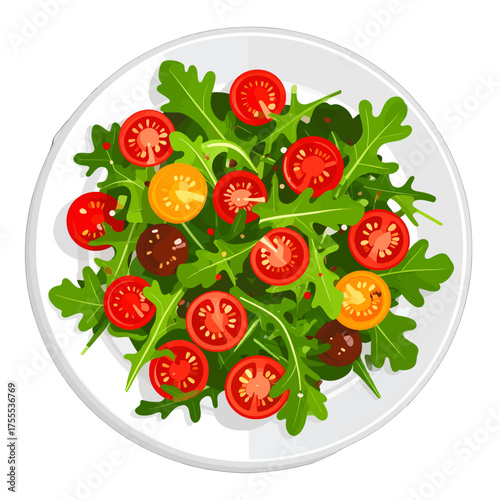 Vibrant Plate of Fresh Salad with Rucola and Tomatoes on White Background Above Shot