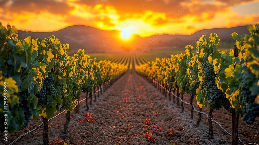 Naklejka premium Vineyard sunset landscape.