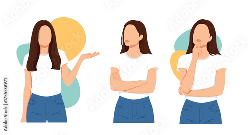 Three women in white t-shirts and blue jeans striking different poses on white background.