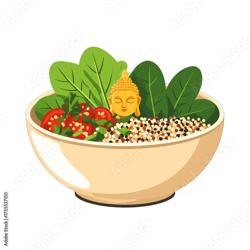 Pixel Art Bowl with Golden Buddha Statue and Green Leaves Over White Background